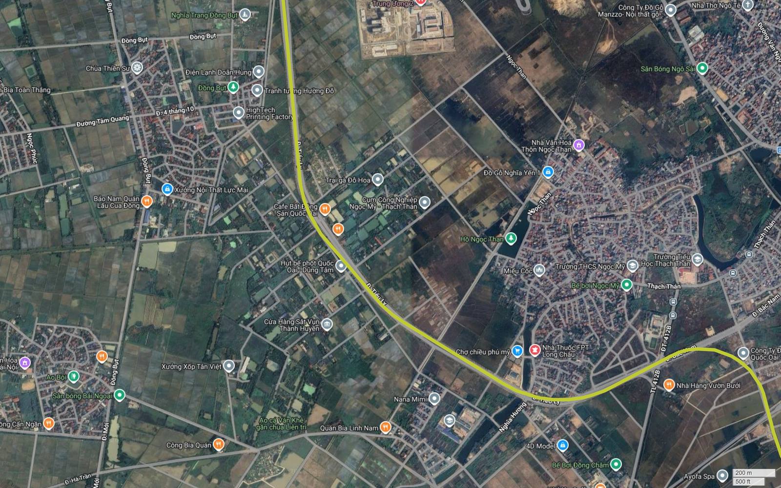 Ảnh vệ tinh khung 08 tuyến metro số 13 qua vùng Đồng Bụt và Thạch Thán thuộc Quốc Oai, vạch vàng đổi hướng sang đông nam theo đường Triều Ly