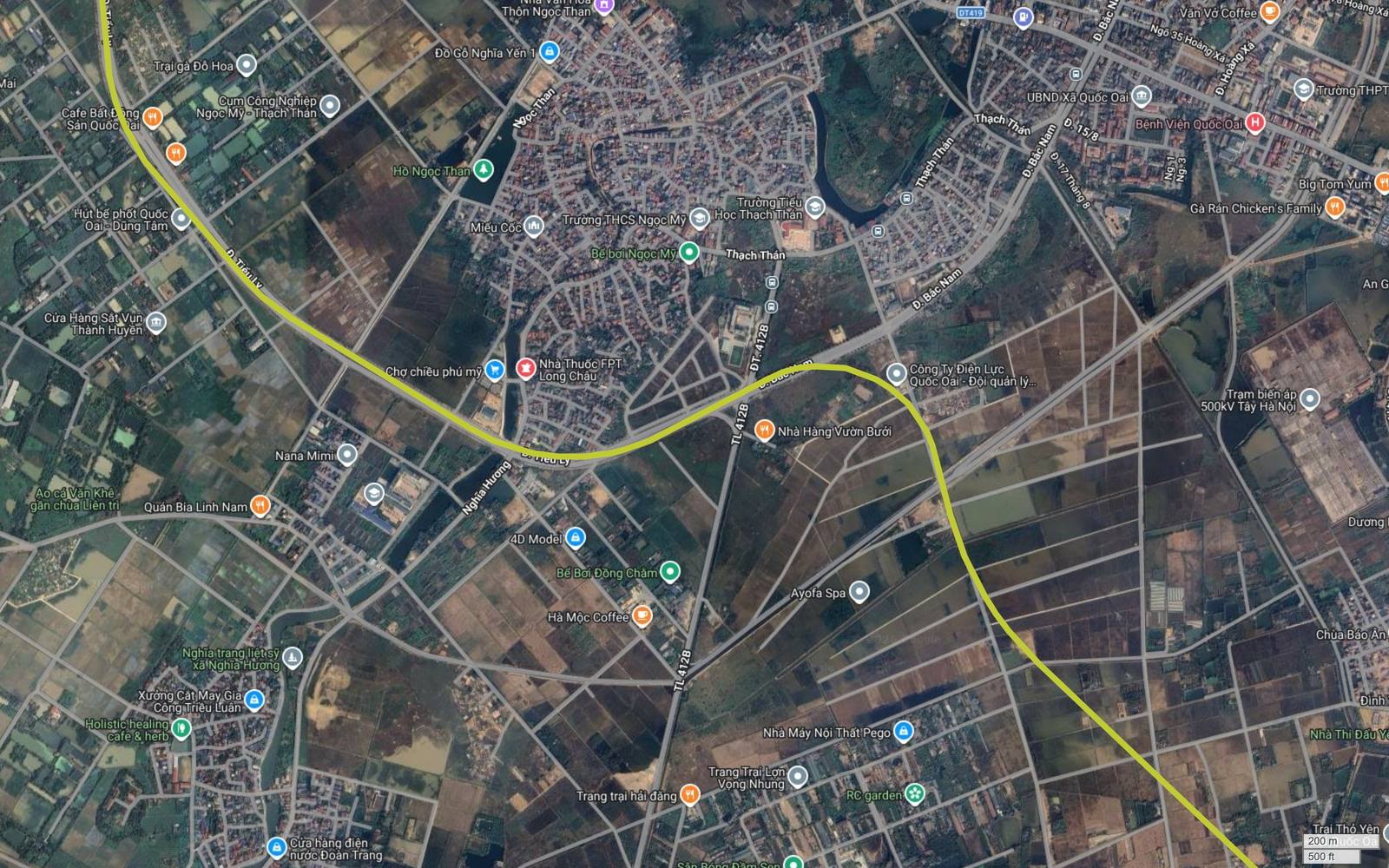 Ảnh vệ tinh khung 09 tuyến metro số 13 vòng xuống phía nam trạm biến áp 500kV Tây Hà Nội ở Quốc Oai, khúc uốn hình chữ S hiện rõ
