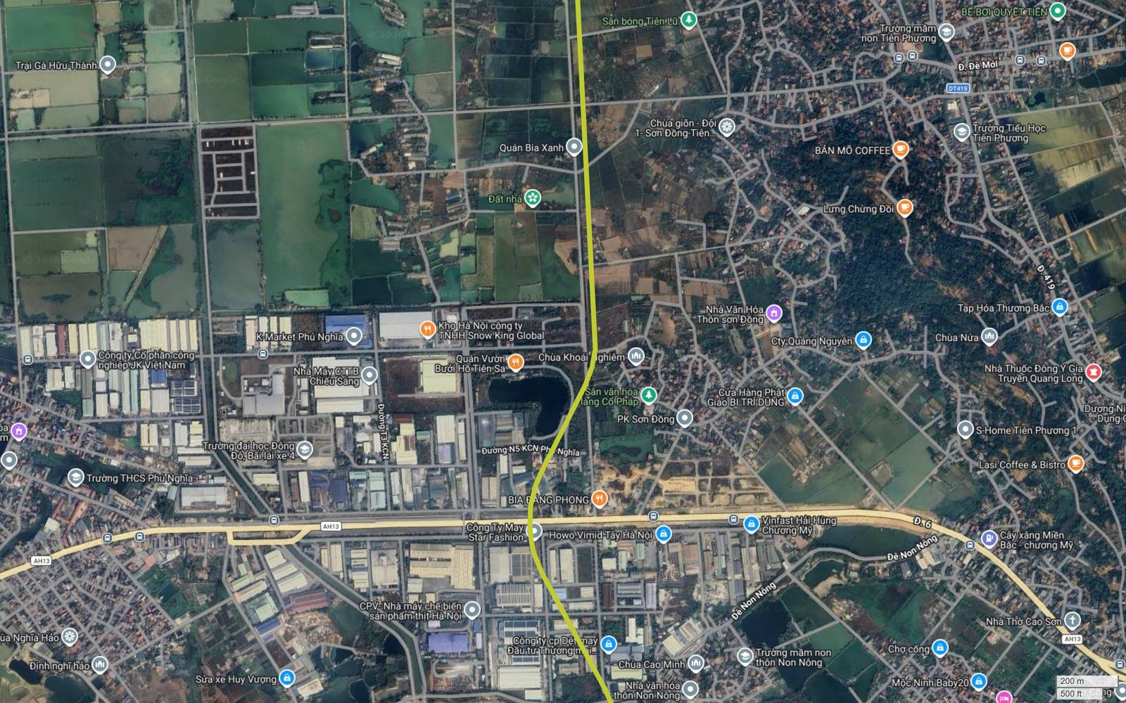 Ảnh vệ tinh khung 14 tuyến metro số 13 cắt Quốc lộ 6 mang biển AH13 tại khu công nghiệp Phú Nghĩa thuộc Chương Mỹ