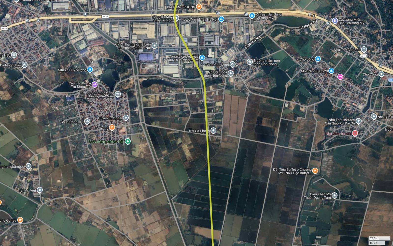 Ảnh vệ tinh khung 15 tuyến metro số 13 chạy dọc qua Non Nông và Đồng Trử thuộc Chương Mỹ, ruộng màu sẫm chiếm phần lớn nửa dưới khung