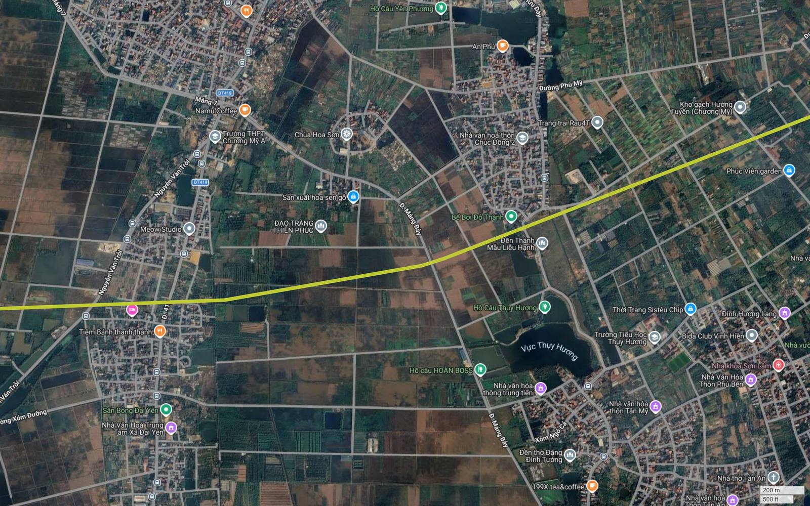 Ảnh vệ tinh khung 18 tuyến metro số 13 qua Thụy Hương thuộc Chương Mỹ, hồ nước Vực Thụy Hương màu sẫm nằm dưới hành lang