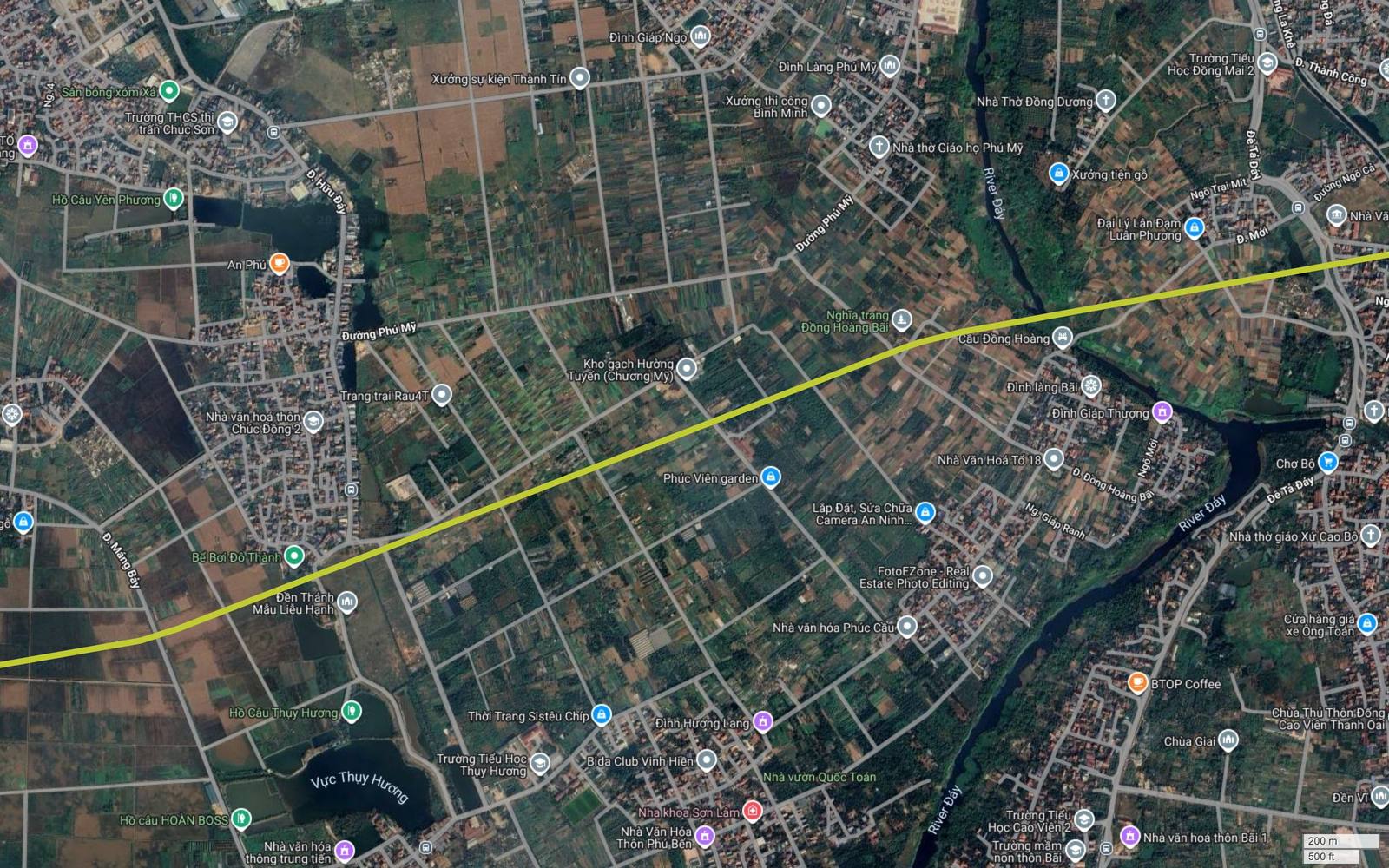 Ảnh vệ tinh khung 19 tuyến metro số 13 chạy chéo qua vùng ven thị trấn Chúc Sơn hướng về sông Đáy và cầu Đồng Hoàng