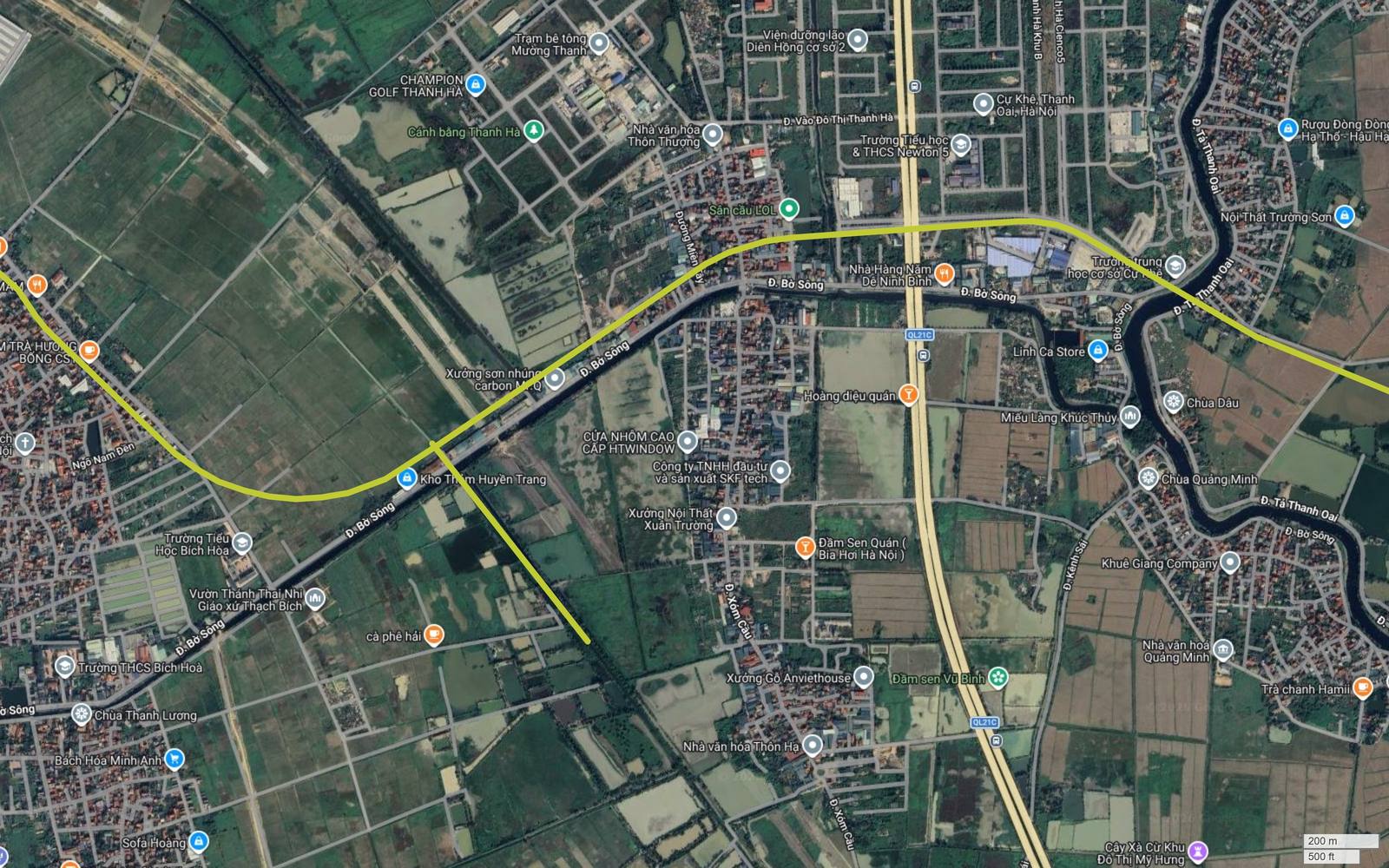 Ảnh vệ tinh khung 23 tuyến metro số 13 qua Cự Khê và Khúc Thủy thuộc Thanh Oai, sông Nhuệ uốn nhiều khúc ngoằn ngoèo ở giữa khung